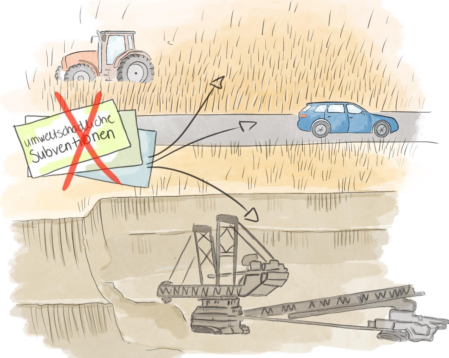 Zeichnung mit Acker, Straße Bergbaugrube und Schild mit "Subventionen" durchgestrichenem Zeichnung mit Acker, Straße Bergbaugrube und Schild mit "Subventionen" durchgestrichenem